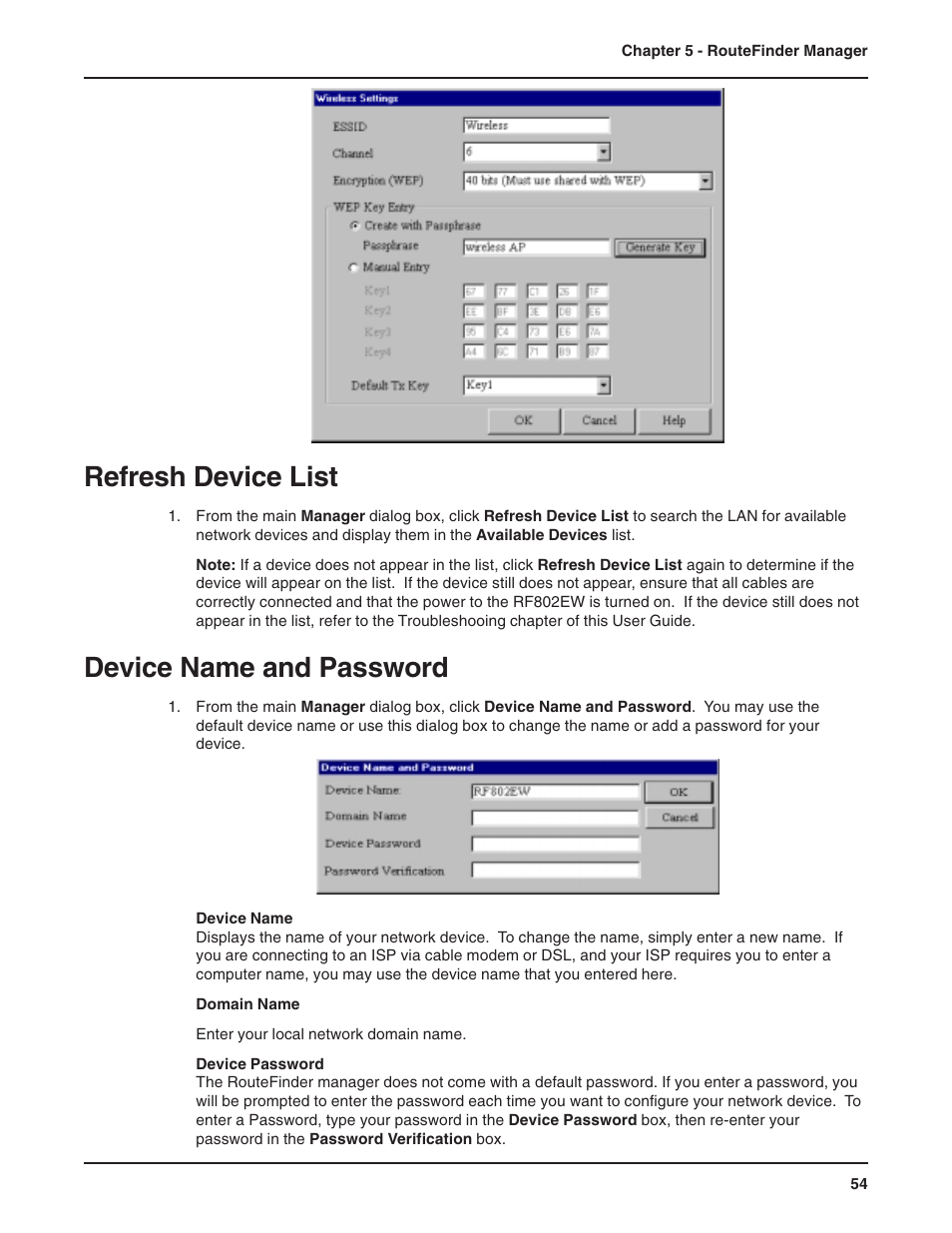 Refresh device list, Device name and password | Multi-Tech Systems RF802EW User Manual | Page 54 / 118