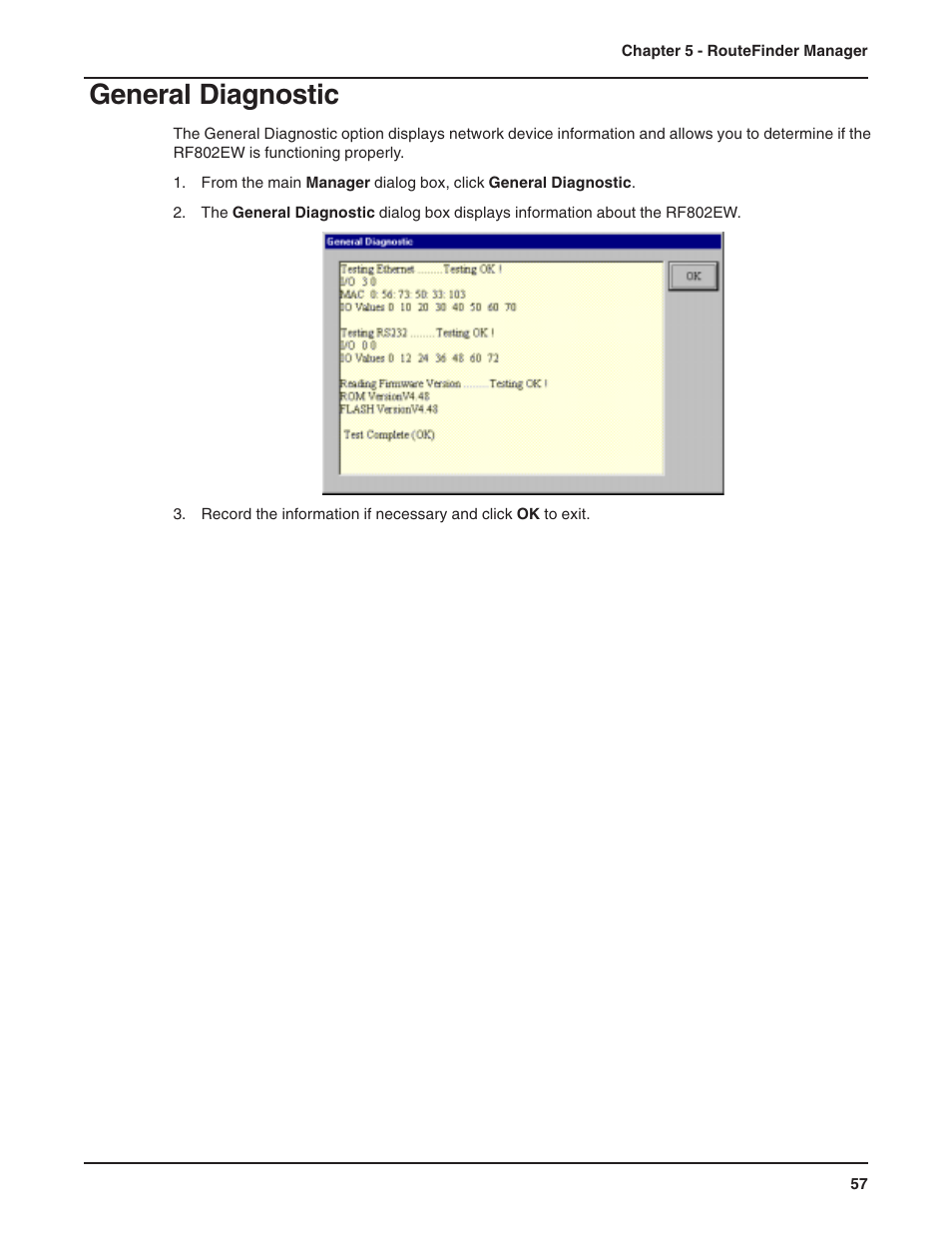 General diagnostic, Routefinder monitor, Running routefinder monitor | Multi-Tech Systems RF802EW User Manual | Page 57 / 118