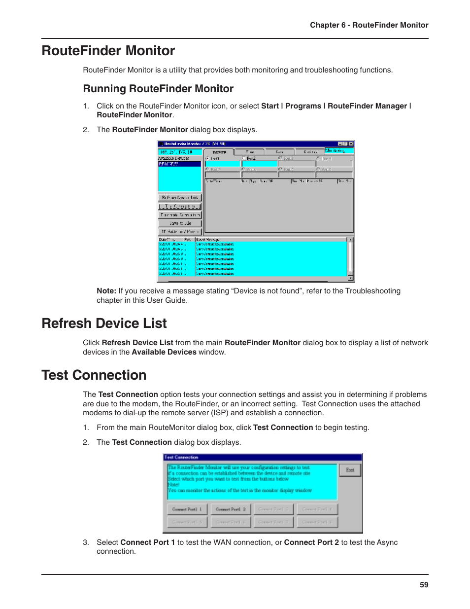 Chapter 6 - routefinder monitor, Routefinder monitor, Running routefinder monitor | Refresh device list, Test connection | Multi-Tech Systems RF802EW User Manual | Page 59 / 118