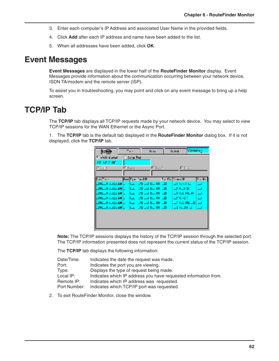 Event messages, Tcp/ip tab, Tcp/ip tab time tab | Multi-Tech Systems RF802EW User Manual | Page 62 / 118