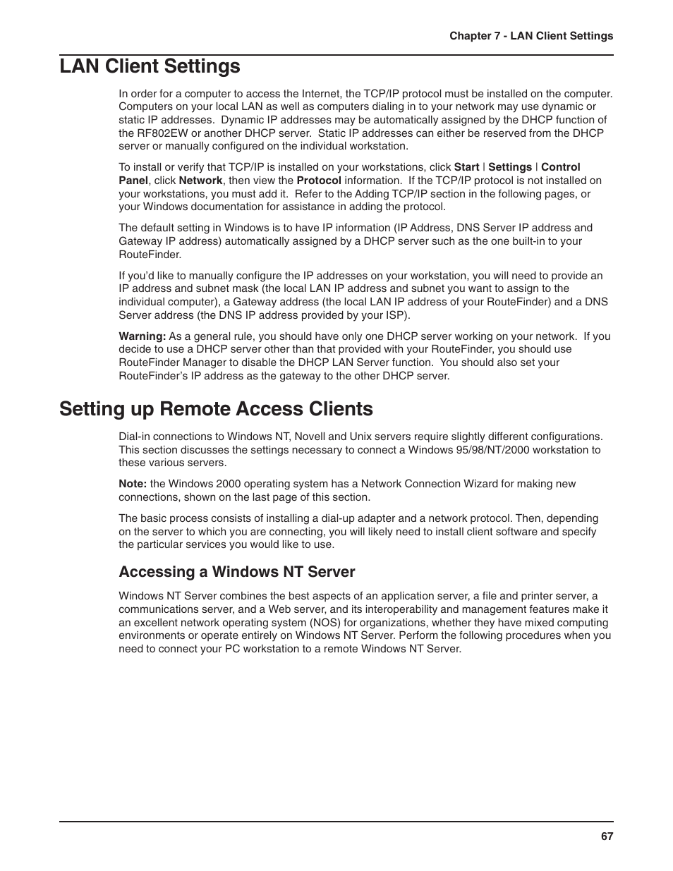 Chapter 7 - lan client settings, Lan client settings, Setting up remote access clients | Accessing a windows nt server | Multi-Tech Systems RF802EW User Manual | Page 67 / 118