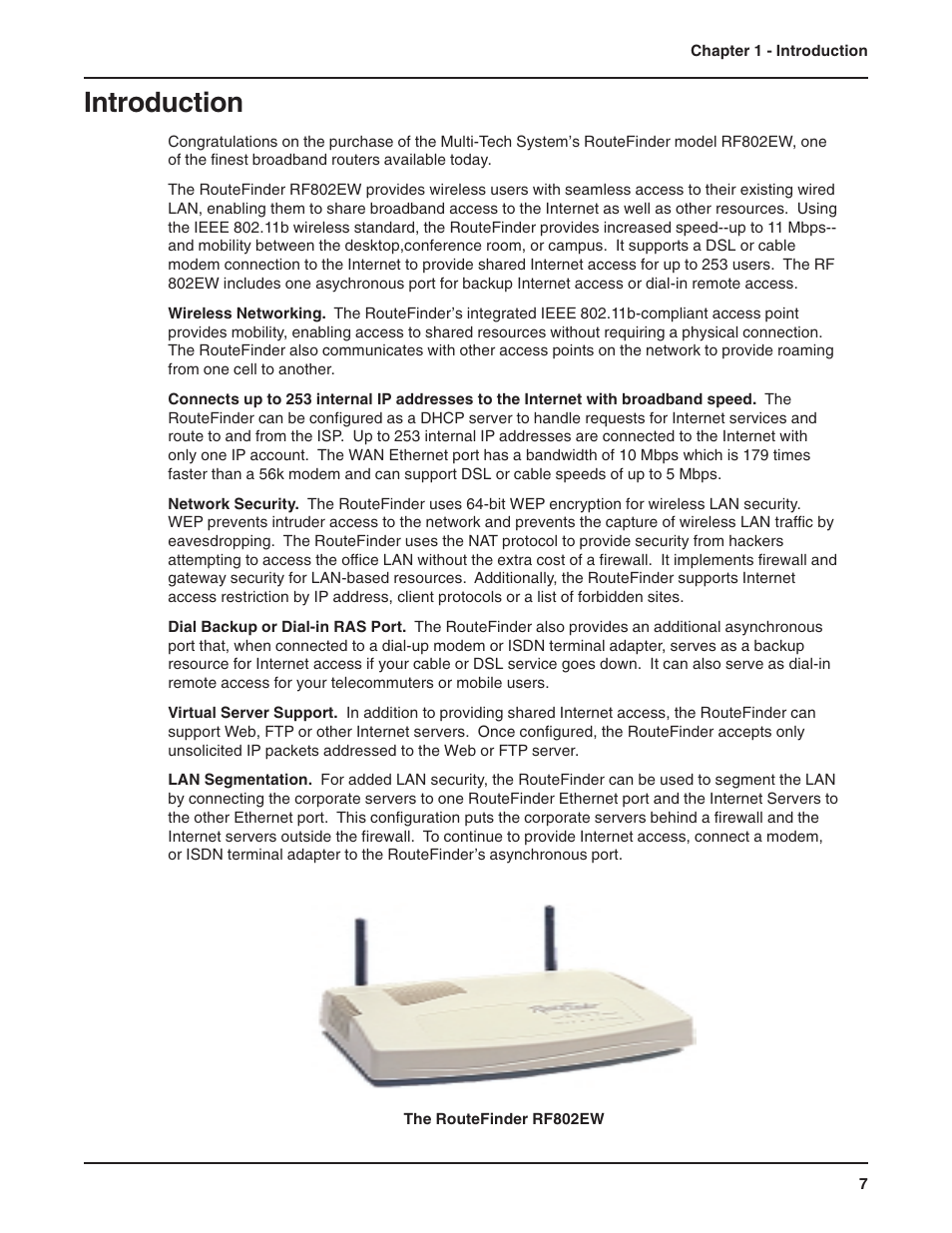 Chapter 1 - introduction, Introduction | Multi-Tech Systems RF802EW User Manual | Page 7 / 118