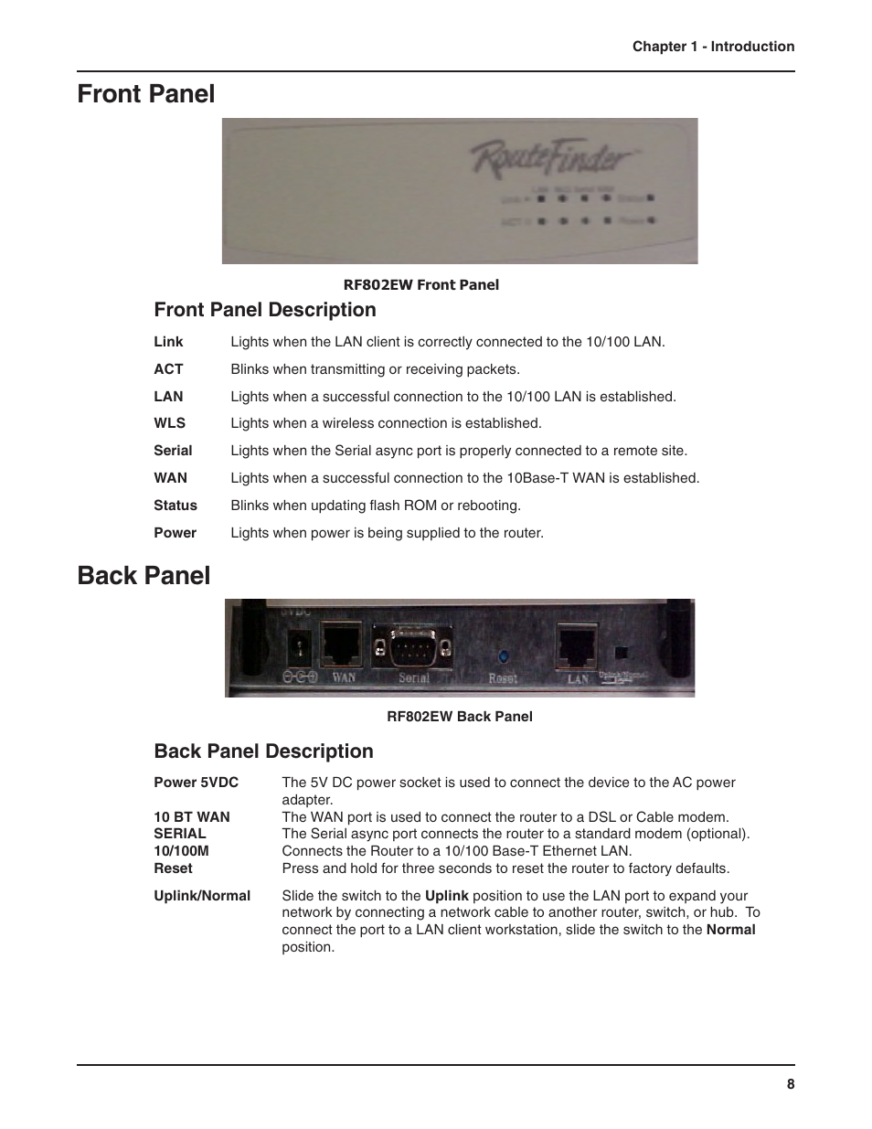 Front panel, Back panel, Front panel description | Back panel description | Multi-Tech Systems RF802EW User Manual | Page 8 / 118