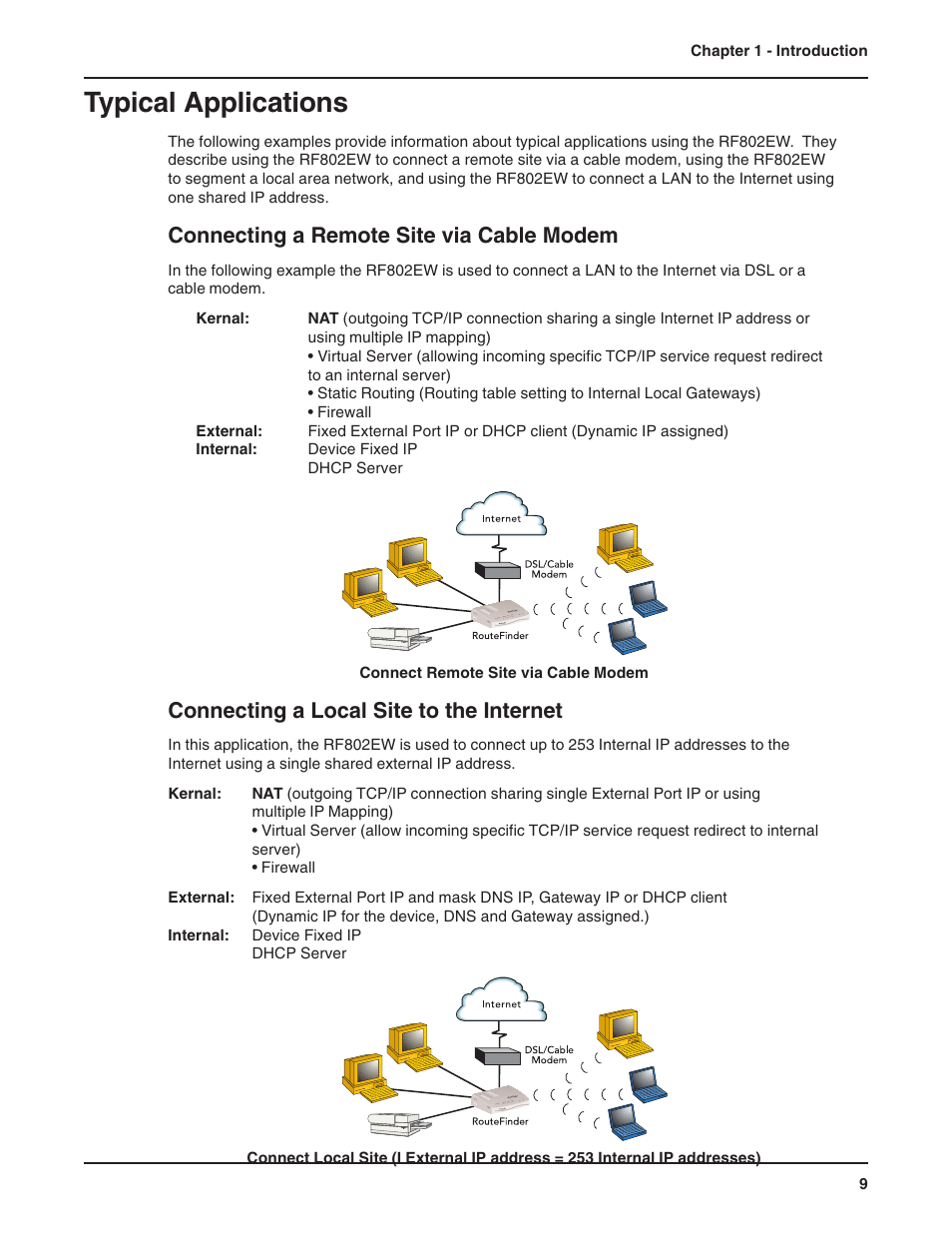Typical applications, Connecting a remote site via cable modem, Connecting a local site to the internet | Multi-Tech Systems RF802EW User Manual | Page 9 / 118