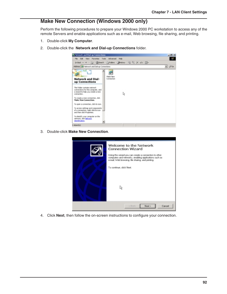 Make new connection (windows 2000 only), Lan-to-lan settings, Setting up lan-to-lan routing | Multi-Tech Systems RF802EW User Manual | Page 92 / 118