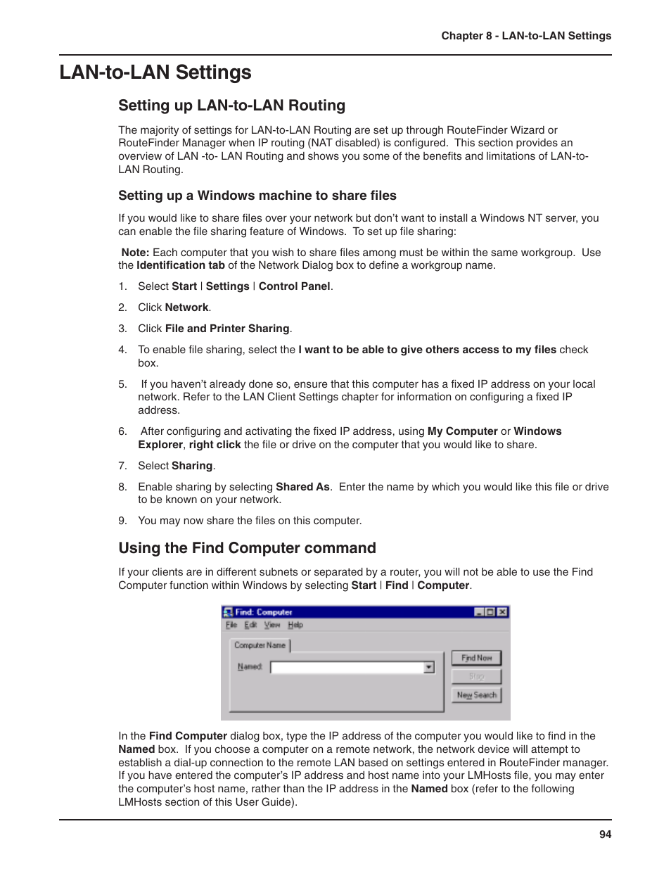 Chapter 8 - lan-to-lan settings, Setting up lan-to-lan routing, Using the find computer command | Using the find computer command using lmhosts, Lan-to-lan settings | Multi-Tech Systems RF802EW User Manual | Page 94 / 118