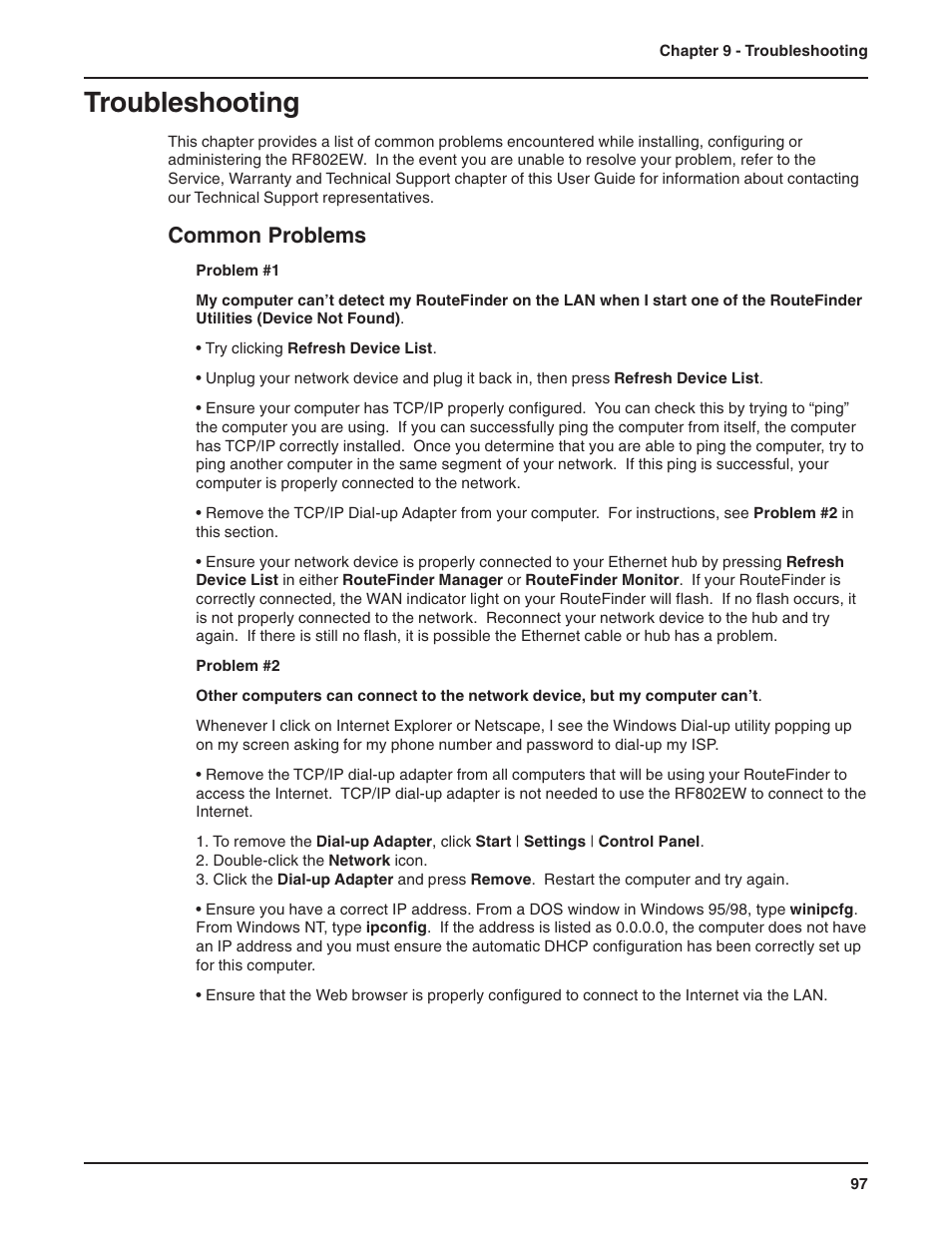 Chapter 9 - troubleshooting, Common problems, Troubleshooting | Multi-Tech Systems RF802EW User Manual | Page 97 / 118