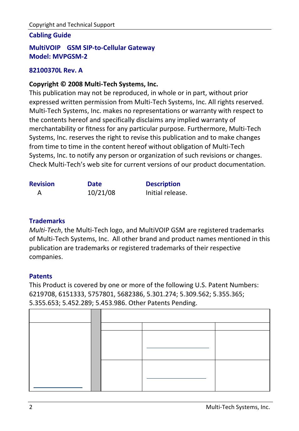 Cabling guide multivoip | Multi-Tech Systems MultiVOIP GSM SIP-to-Cellular Gateways MVPGSM-2 User Manual | Page 2 / 8