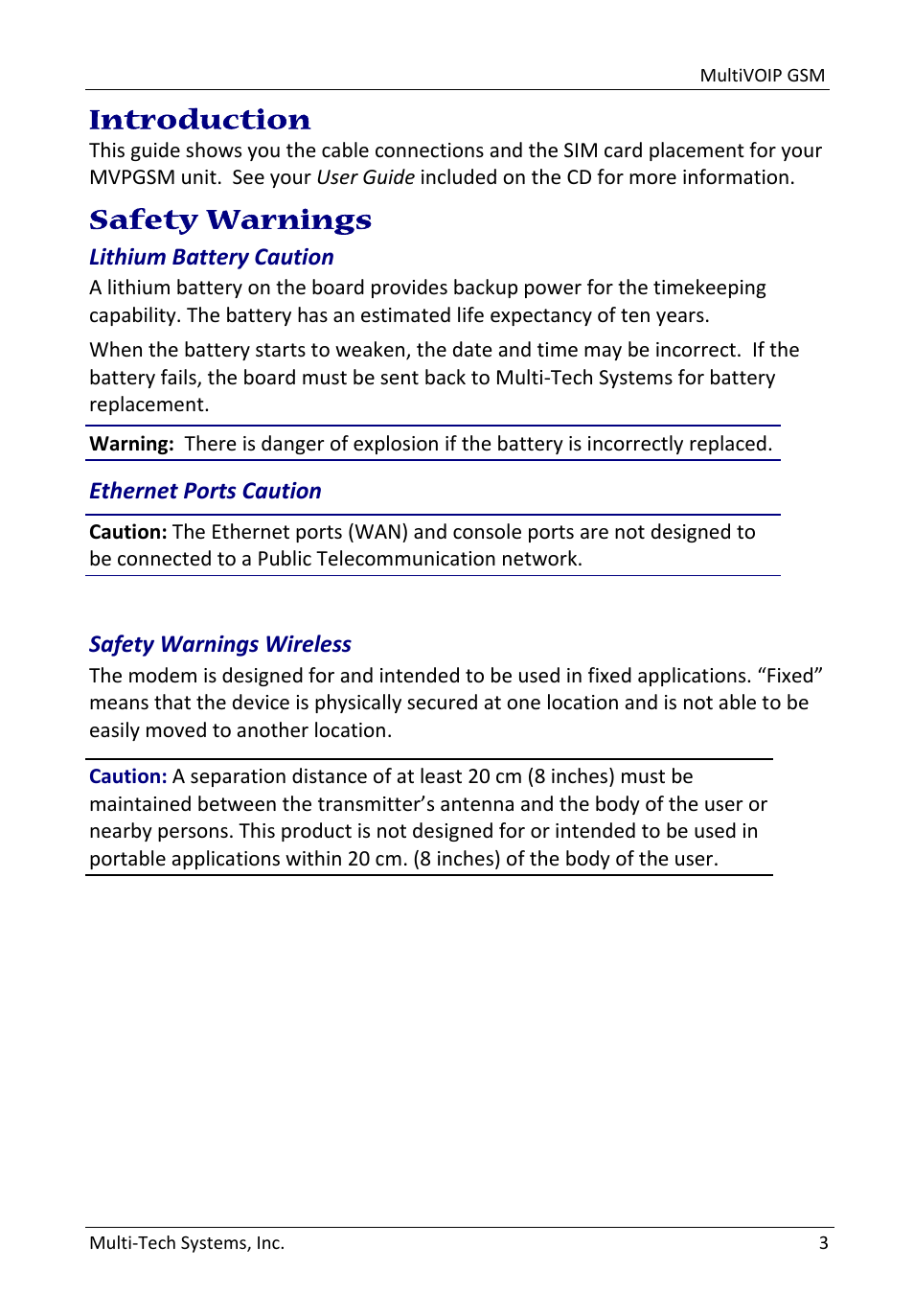 0bintroduction, 1bsafety warnings, 10blithium battery caution | 11bethernet ports caution, 12bsafety warnings wireless, Introduction, Safety warnings | Multi-Tech Systems MultiVOIP GSM SIP-to-Cellular Gateways MVPGSM-2 User Manual | Page 3 / 8
