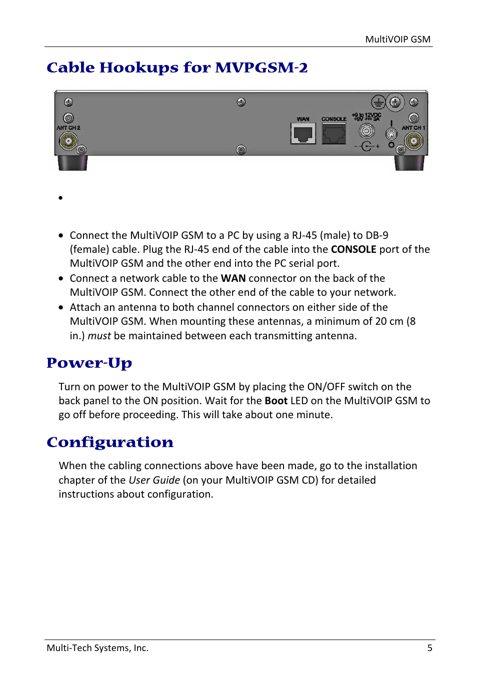 3bcable hookups for mvpgsm-2, 4bpower-up, 5bconfiguration | Cable hookups for mvpgsm-2, Power-up, Configuration | Multi-Tech Systems MultiVOIP GSM SIP-to-Cellular Gateways MVPGSM-2 User Manual | Page 5 / 8