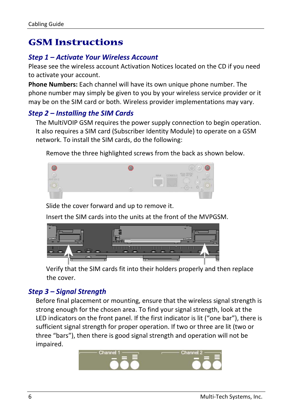 6bgsm instructions, 8bstep 1 – activate your wireless account, 9bstep 3 – signal strength | Gsm instructions | Multi-Tech Systems MultiVOIP GSM SIP-to-Cellular Gateways MVPGSM-2 User Manual | Page 6 / 8