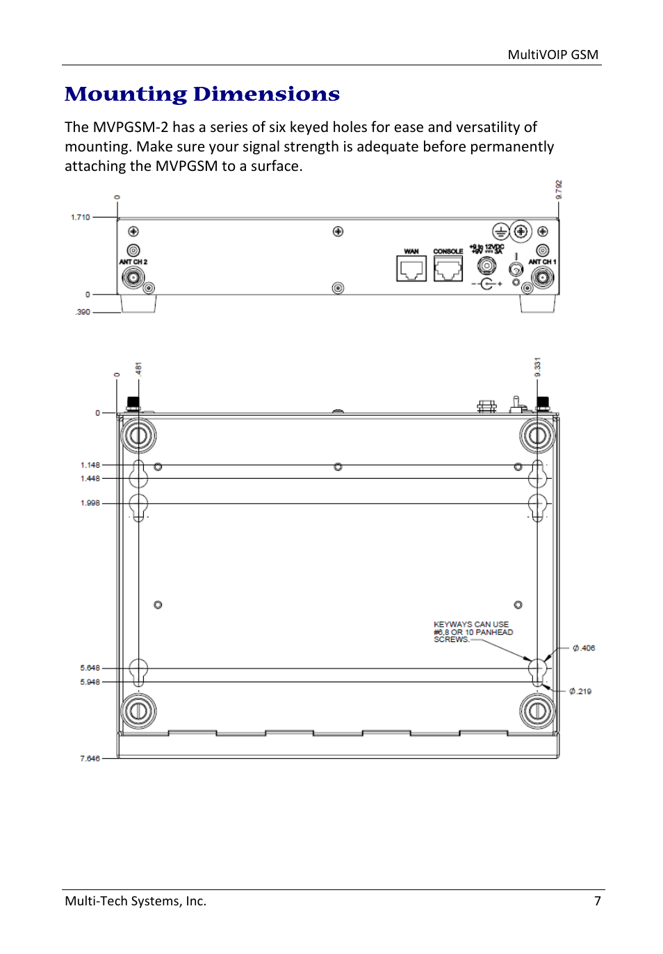 7bmounting dimensions, Mounting dimensions | Multi-Tech Systems MultiVOIP GSM SIP-to-Cellular Gateways MVPGSM-2 User Manual | Page 7 / 8