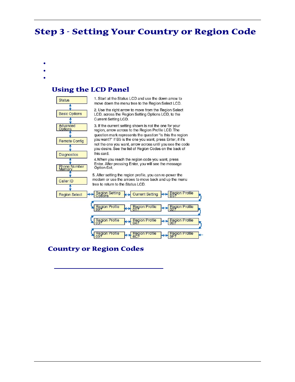 Step 3 - setting your country or region code, Using the lcd panel, Country or region codes | Multi-Tech Systems PN S000408C User Manual | Page 10 / 56