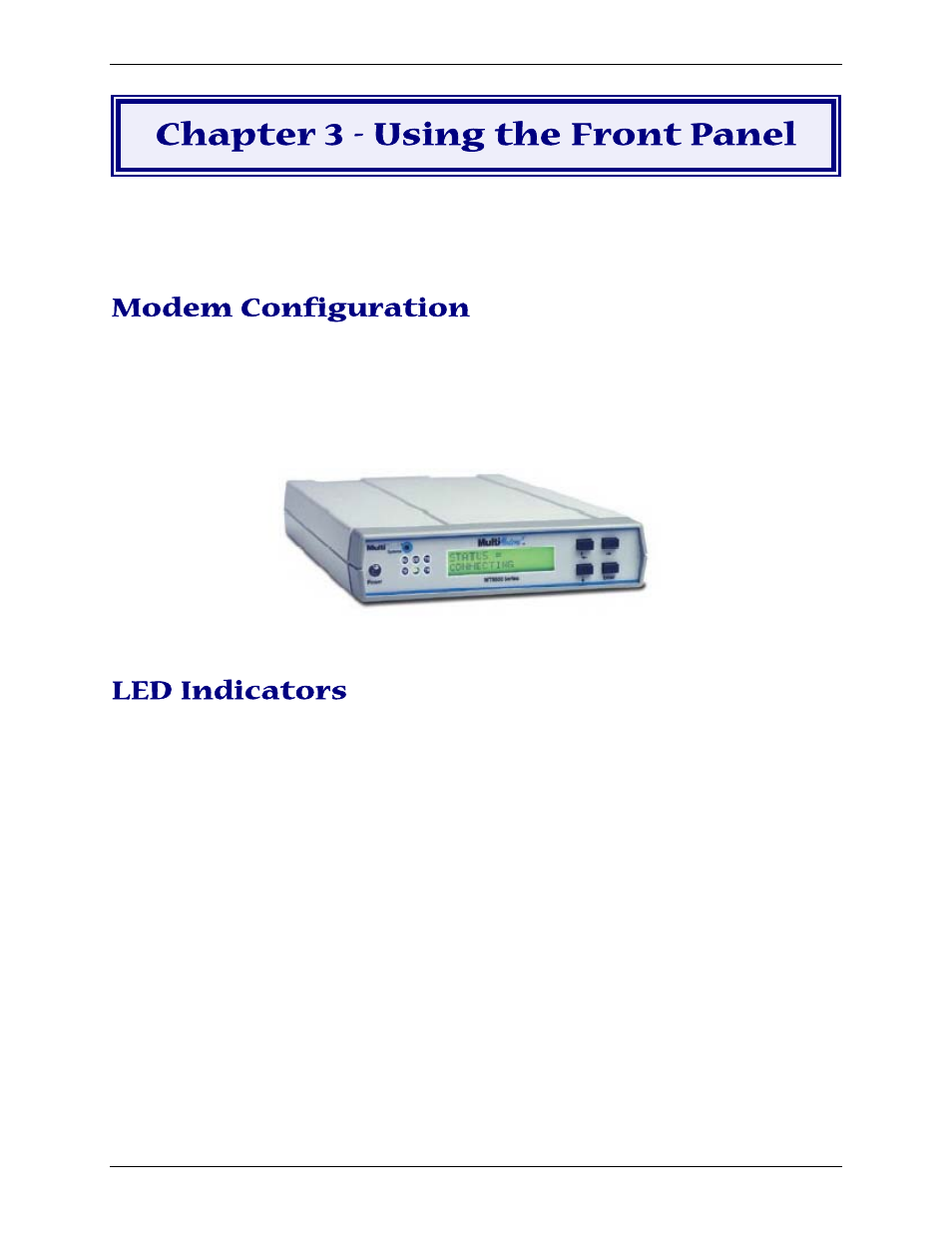 Chapter 3 - using the front panel, Modem configuration, Led indicators | Multi-Tech Systems PN S000408C User Manual | Page 13 / 56