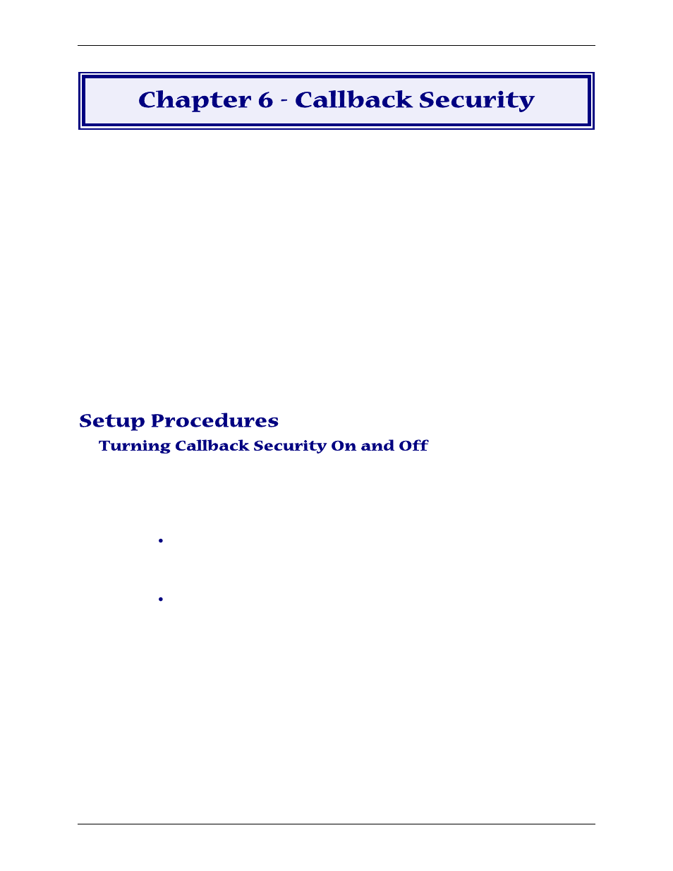 Chapter 6 - callback security, Setup procedures, Turning callback security on and off | Multi-Tech Systems PN S000408C User Manual | Page 34 / 56