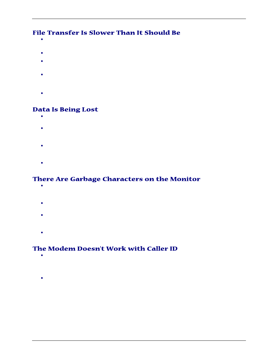 File transfer is slower than it should be, Data is being lost, There are garbage characters on the monitor | The modem doesn’t work with caller id | Multi-Tech Systems PN S000408C User Manual | Page 42 / 56