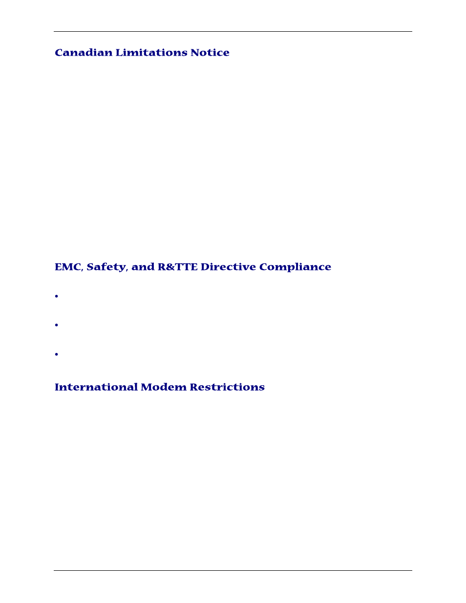 Canadian limitations notice, Emc, safety, and r&tte directive compliance, International modem restrictions | Multi-Tech Systems PN S000408C User Manual | Page 44 / 56