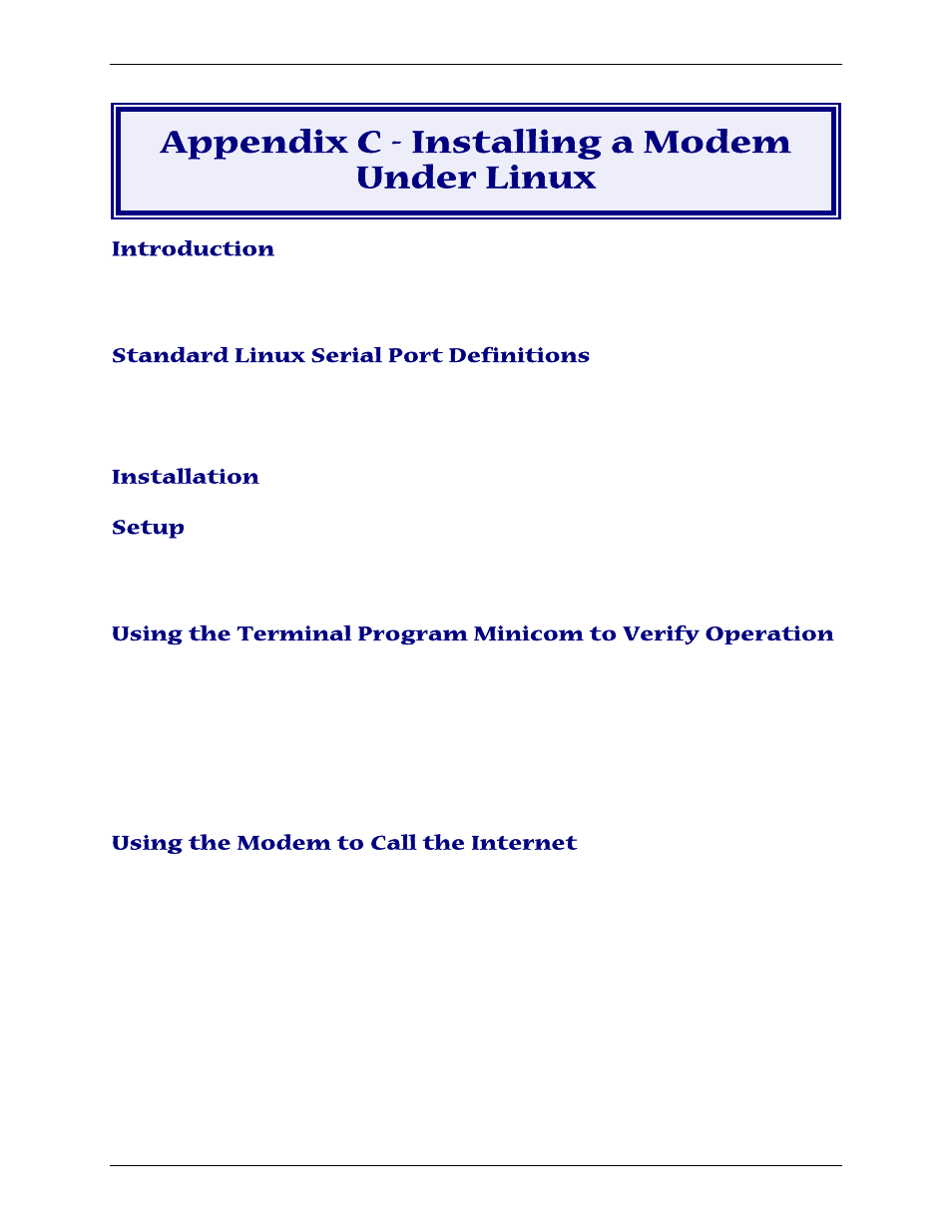 Appendix c - installing a modem under linux, Introduction, Standard linux serial port definitions | Installation, Setup, Using the modem to call the internet | Multi-Tech Systems PN S000408C User Manual | Page 49 / 56