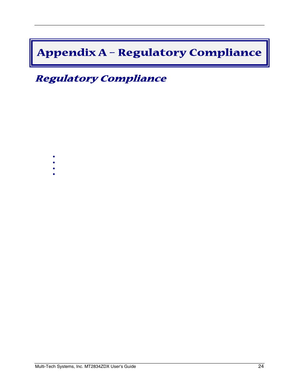 Appendix a – regulatory compliance, Regulatory compliance, Regulatory requirements for the united states | Multi-Tech Systems MT2834ZDX User Manual | Page 24 / 34
