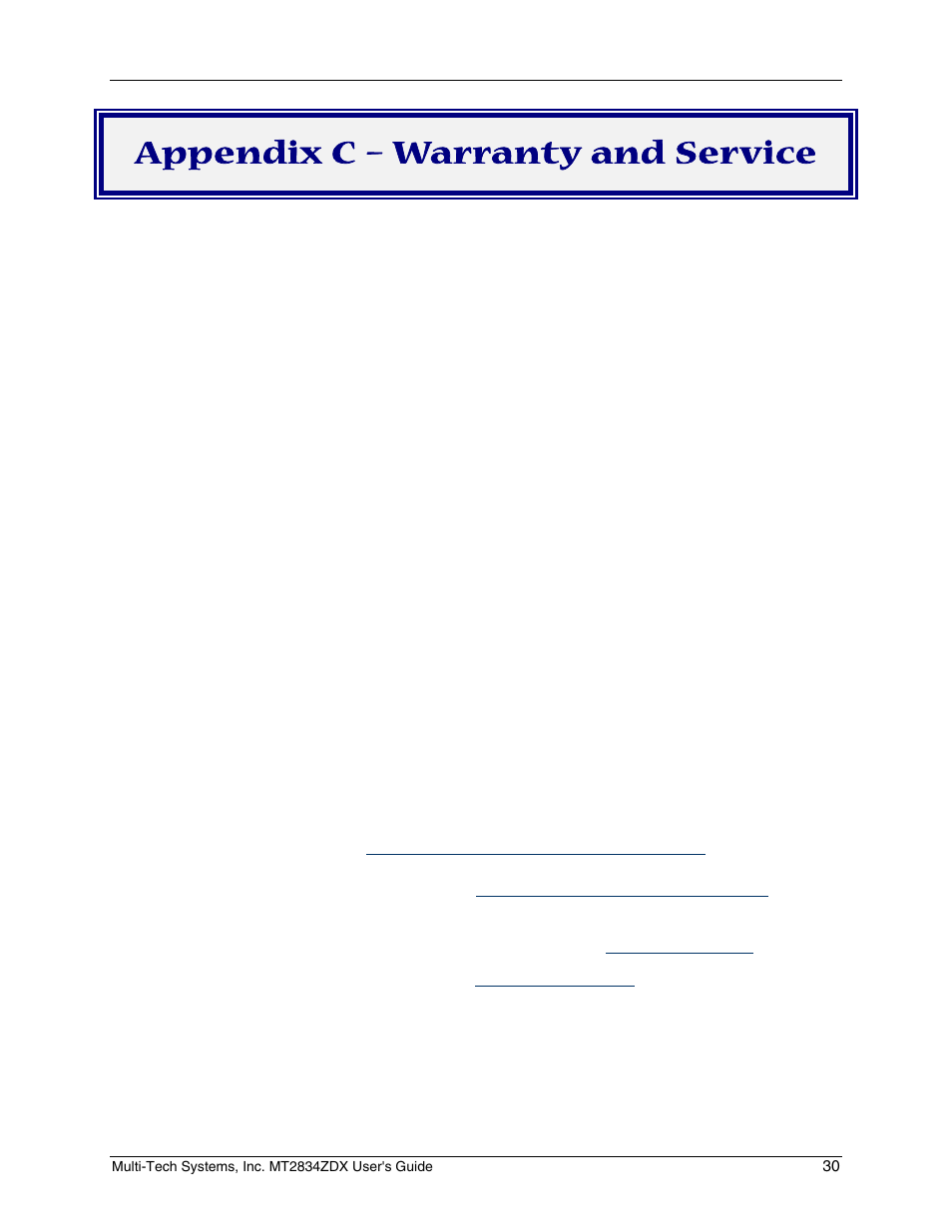 Appendix c – warranty and service | Multi-Tech Systems MT2834ZDX User Manual | Page 30 / 34
