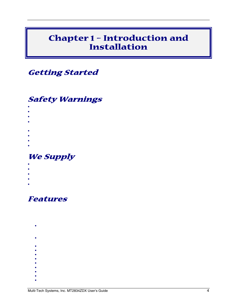 Chapter 1 – introduction and installation, Getting started, Safety warnings | We supply, Features | Multi-Tech Systems MT2834ZDX User Manual | Page 4 / 34