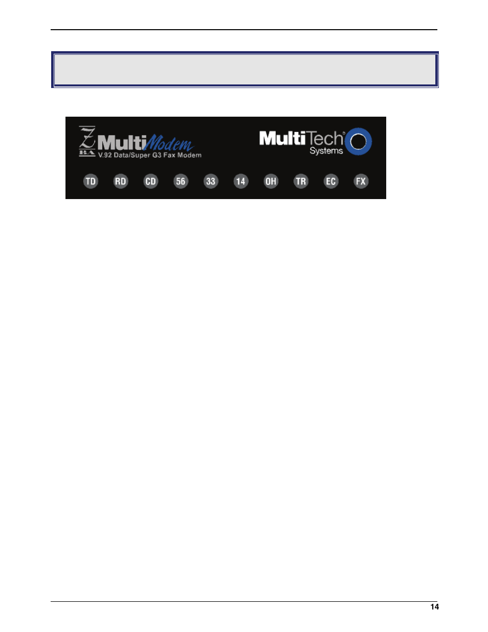 Chapter 3 – operation, About the front panel | Multi-Tech Systems MultiModem ZBA User Manual | Page 14 / 43