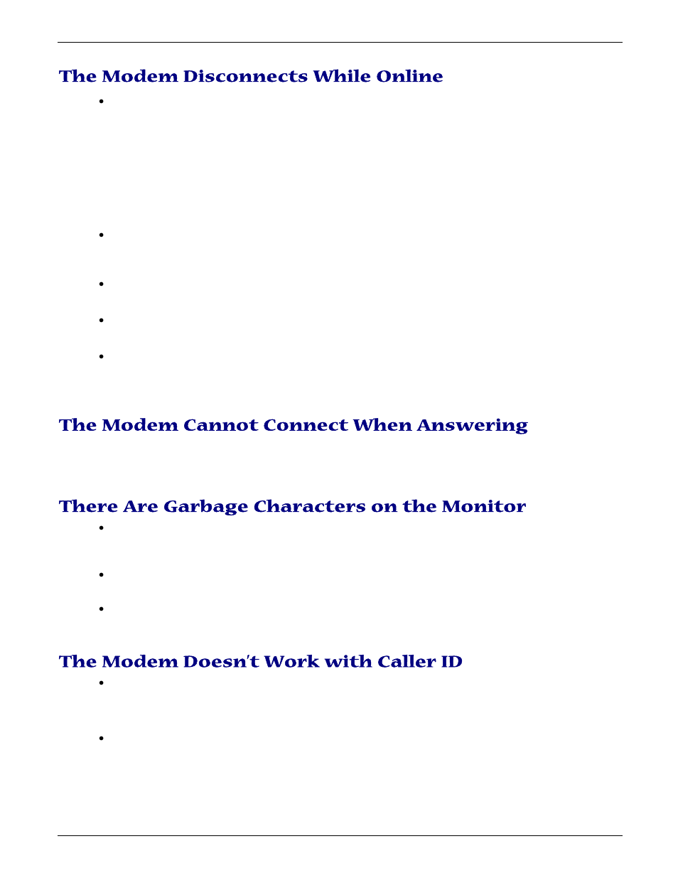 The modem disconnects while online, The modem cannot connect when answering, There are garbage characters on the monitor | The modem doesn’t work with caller id | Multi-Tech Systems MT5656ZDX User Manual | Page 20 / 28