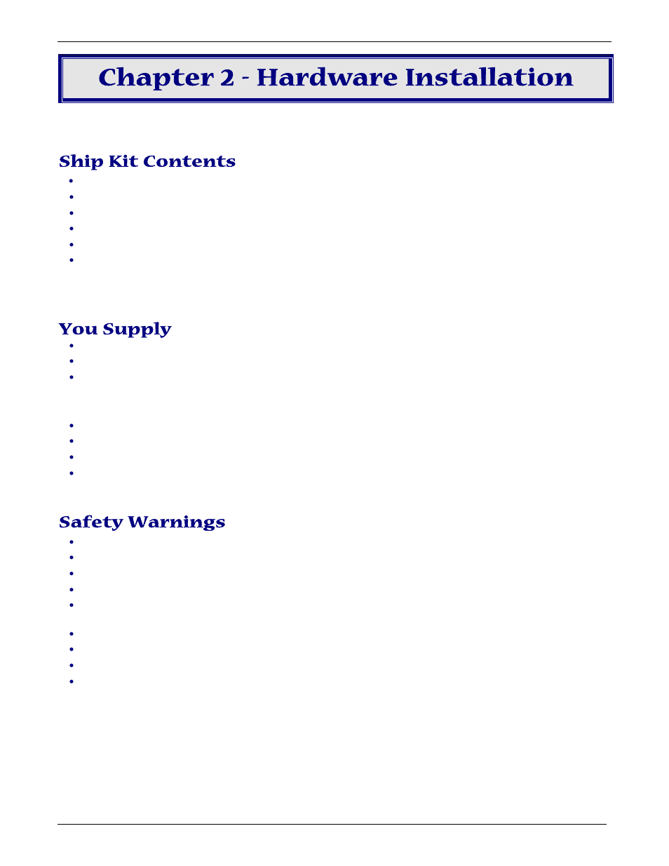 Chapter 2 - hardware installation, Ship kit contents, You supply | Safety warnings | Multi-Tech Systems MT5656ZDX User Manual | Page 5 / 28