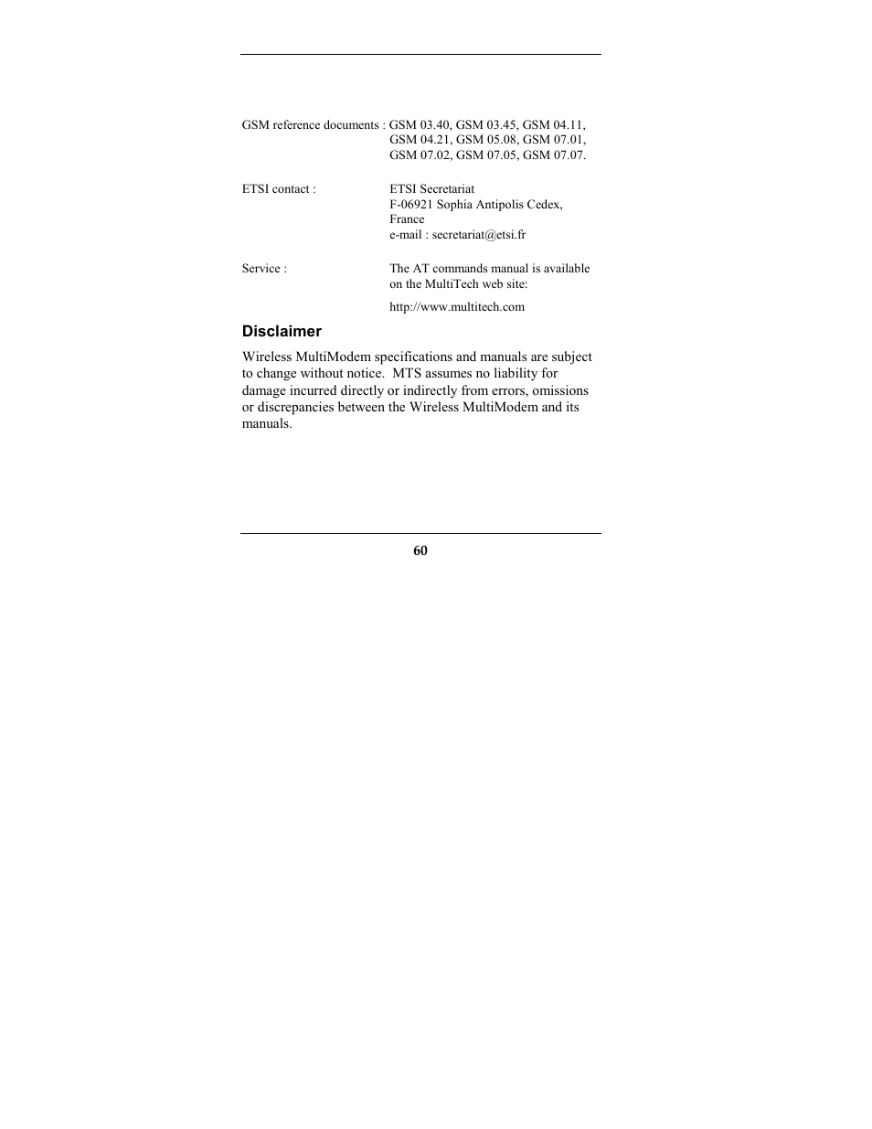 Wireless modem reference info, Odem, Eference | Multi-Tech Systems MTCBA-G-F2 User Manual | Page 60 / 61