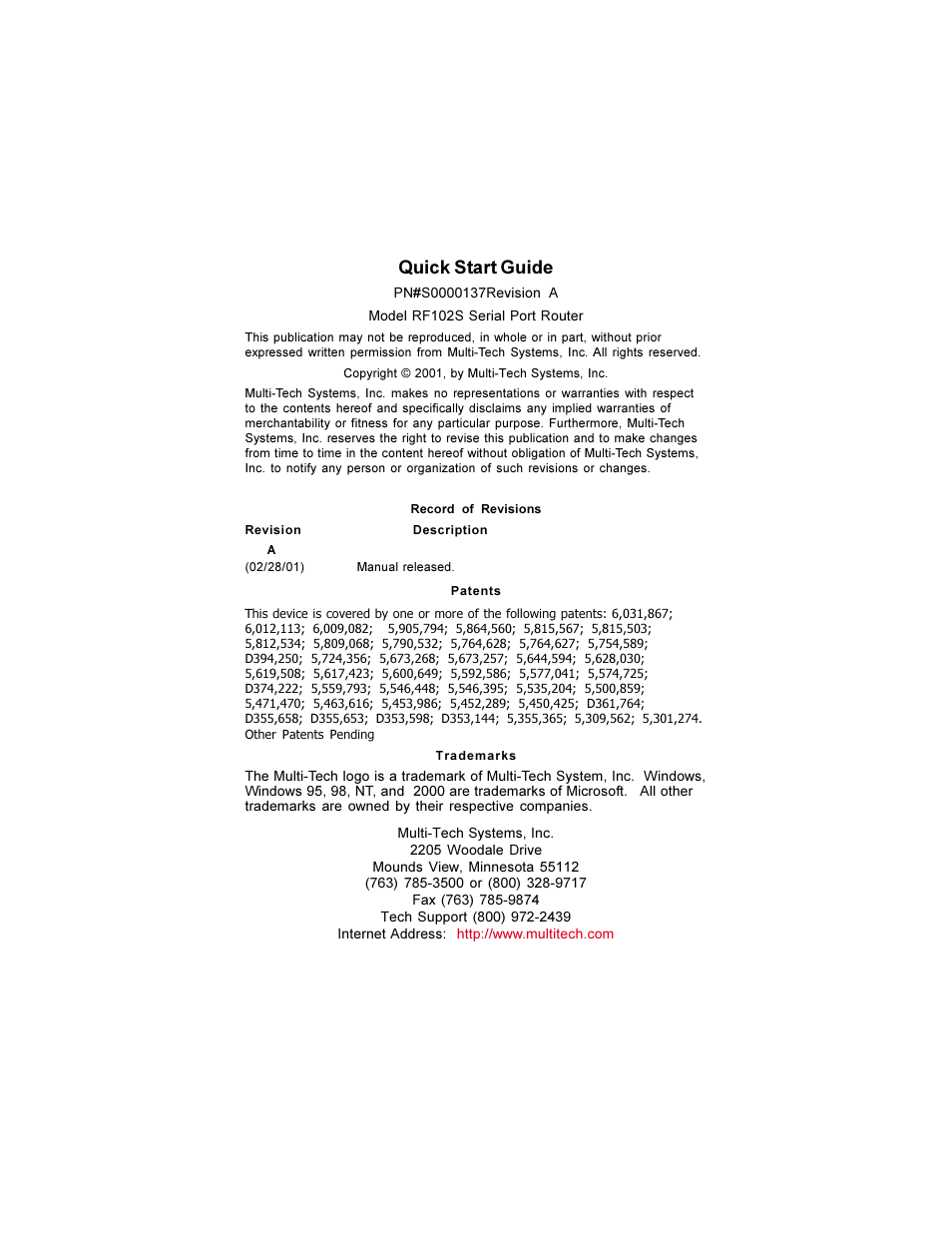 Quick start guide | Multi-Tech Systems RF102S User Manual | Page 2 / 26