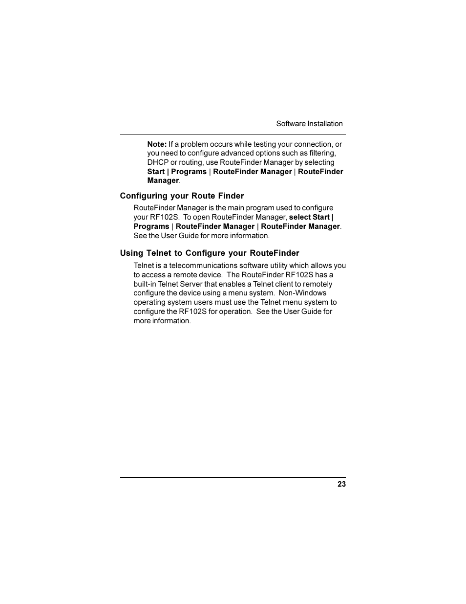 Configuring your route finder, Using telnet to configure your routefinder | Multi-Tech Systems RF102S User Manual | Page 23 / 26