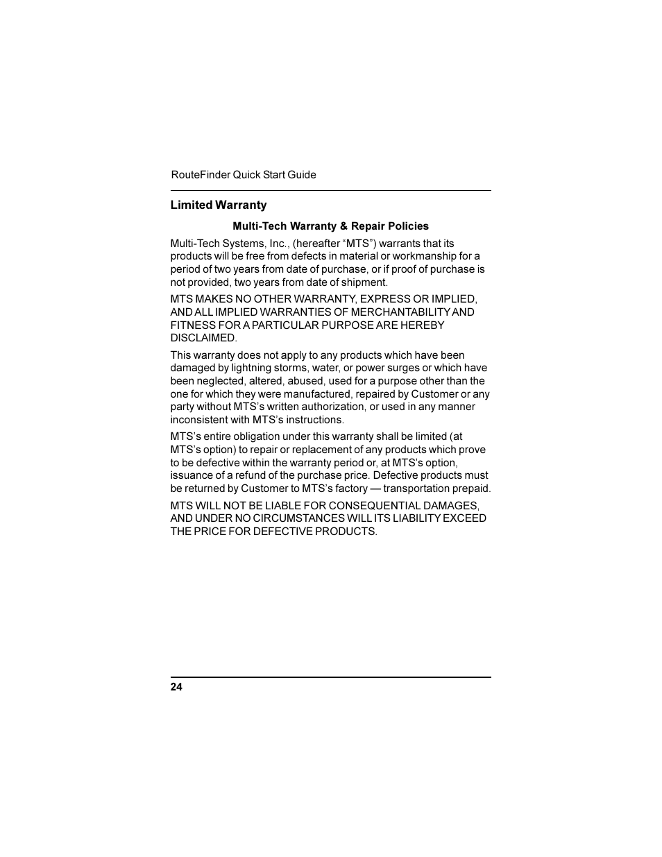 Limited warranty | Multi-Tech Systems RF102S User Manual | Page 24 / 26