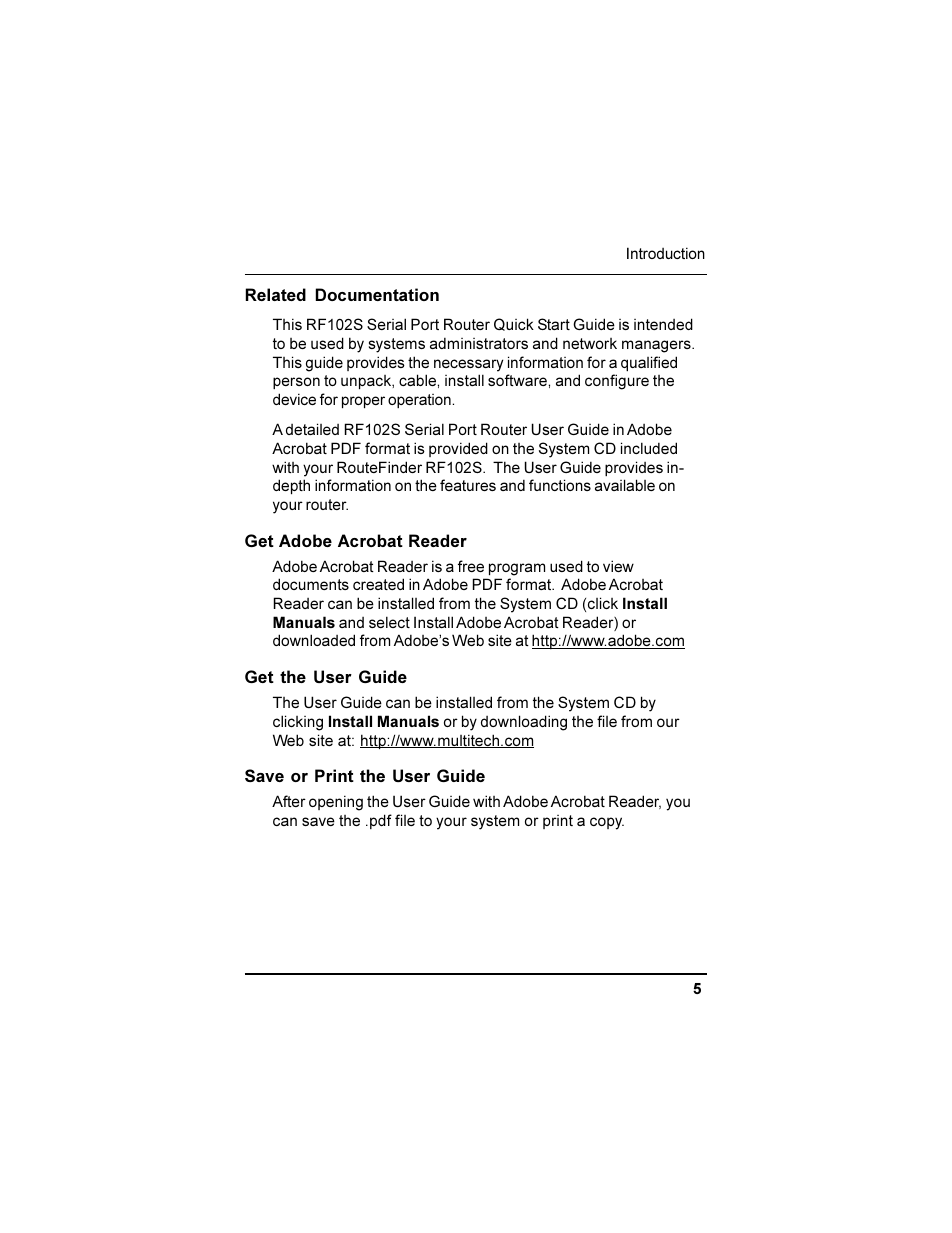 Related documentation, Get adobe acrobat reader, Get the user guide | Save or print the user guide, Configuring your route finder, Using telnet to configure your routefinder, Limited warranty, Technical support | Multi-Tech Systems RF102S User Manual | Page 5 / 26
