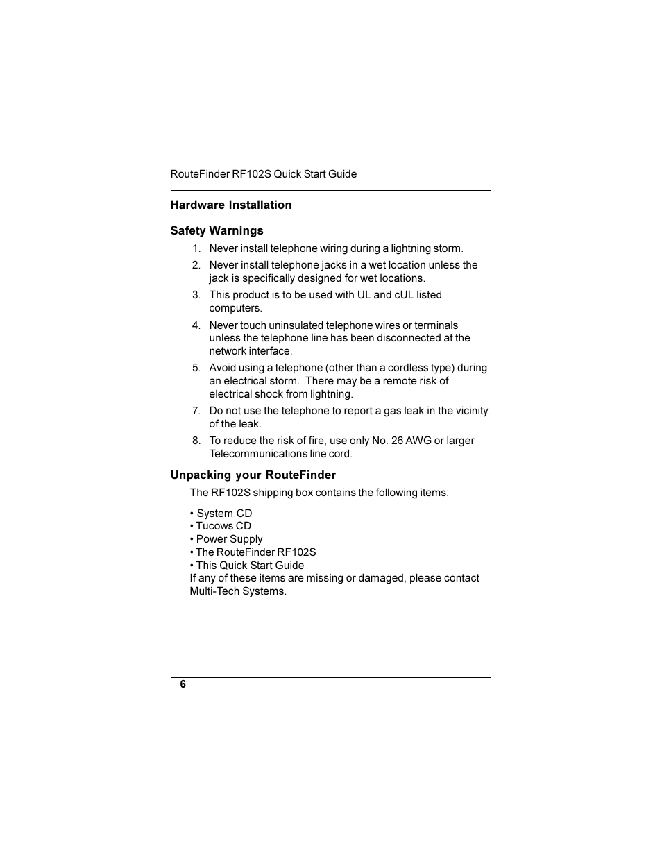 Hardware installation, Unpacking your routefinder | Multi-Tech Systems RF102S User Manual | Page 6 / 26