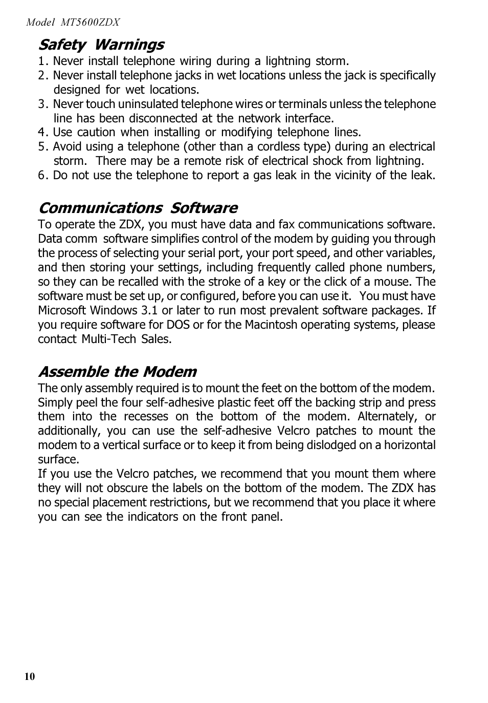 Safety warnings, Communications software, Assemble the modem | Multi-Tech Systems MT5600ZDX User Manual | Page 10 / 84