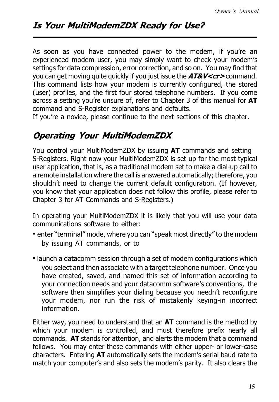 Is your multimodemzdx ready for use, Operating your multimodemzdx | Multi-Tech Systems MT5600ZDX User Manual | Page 15 / 84