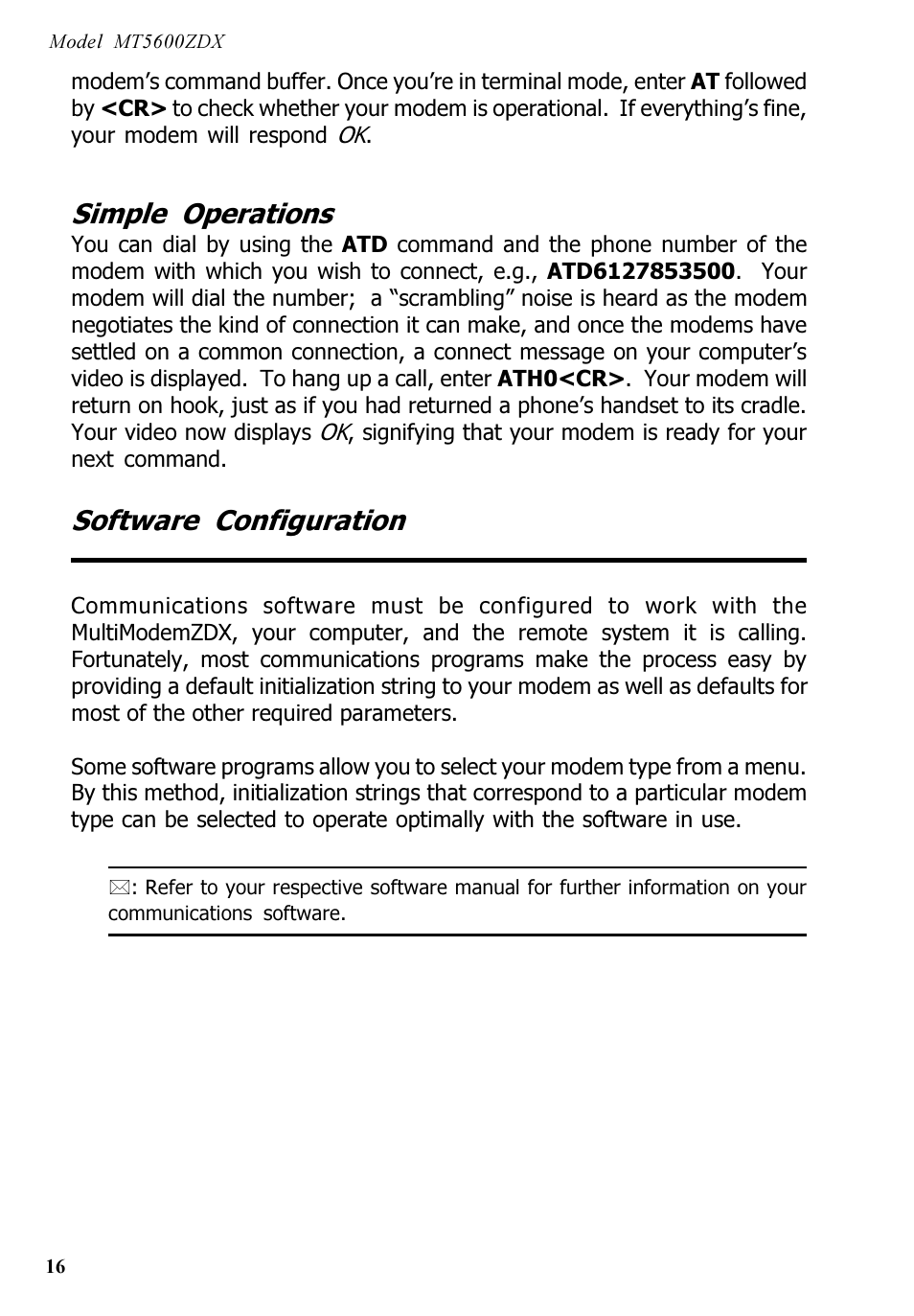 Simple operations, Software configuration | Multi-Tech Systems MT5600ZDX User Manual | Page 16 / 84