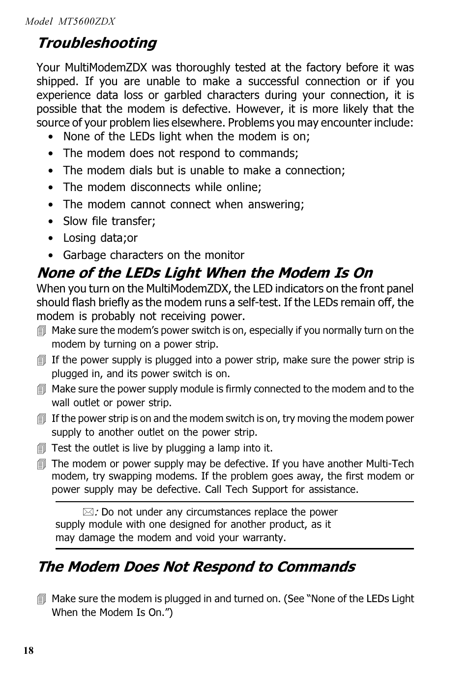 Troubleshooting, None of the leds light when the modem is on, The modem does not respond to commands | Multi-Tech Systems MT5600ZDX User Manual | Page 18 / 84