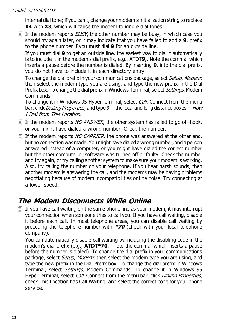 The modem disconnects while online | Multi-Tech Systems MT5600ZDX User Manual | Page 22 / 84