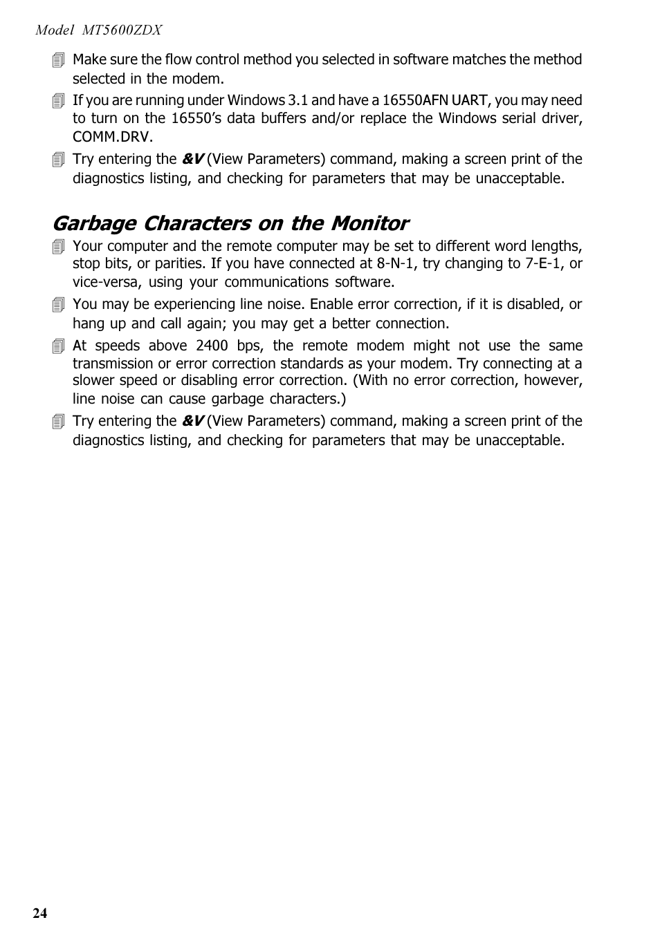 Garbage characters on the monitor | Multi-Tech Systems MT5600ZDX User Manual | Page 24 / 84