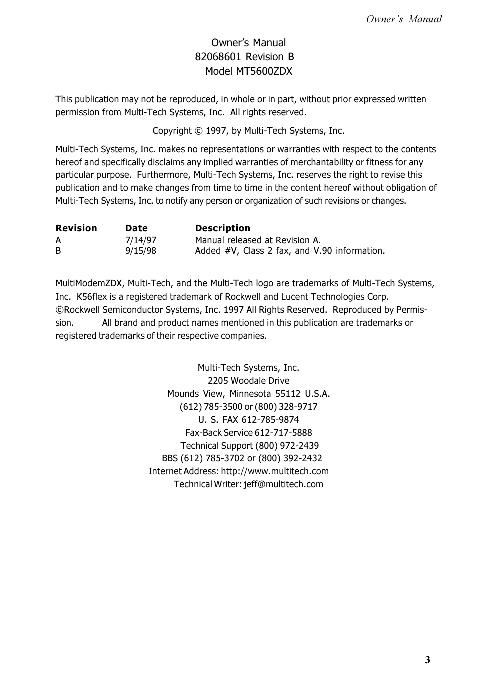 Multi-Tech Systems MT5600ZDX User Manual | Page 3 / 84