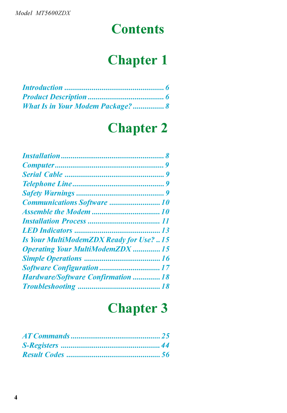Contents chapter 1, Chapter 2, Chapter 3 | Multi-Tech Systems MT5600ZDX User Manual | Page 4 / 84