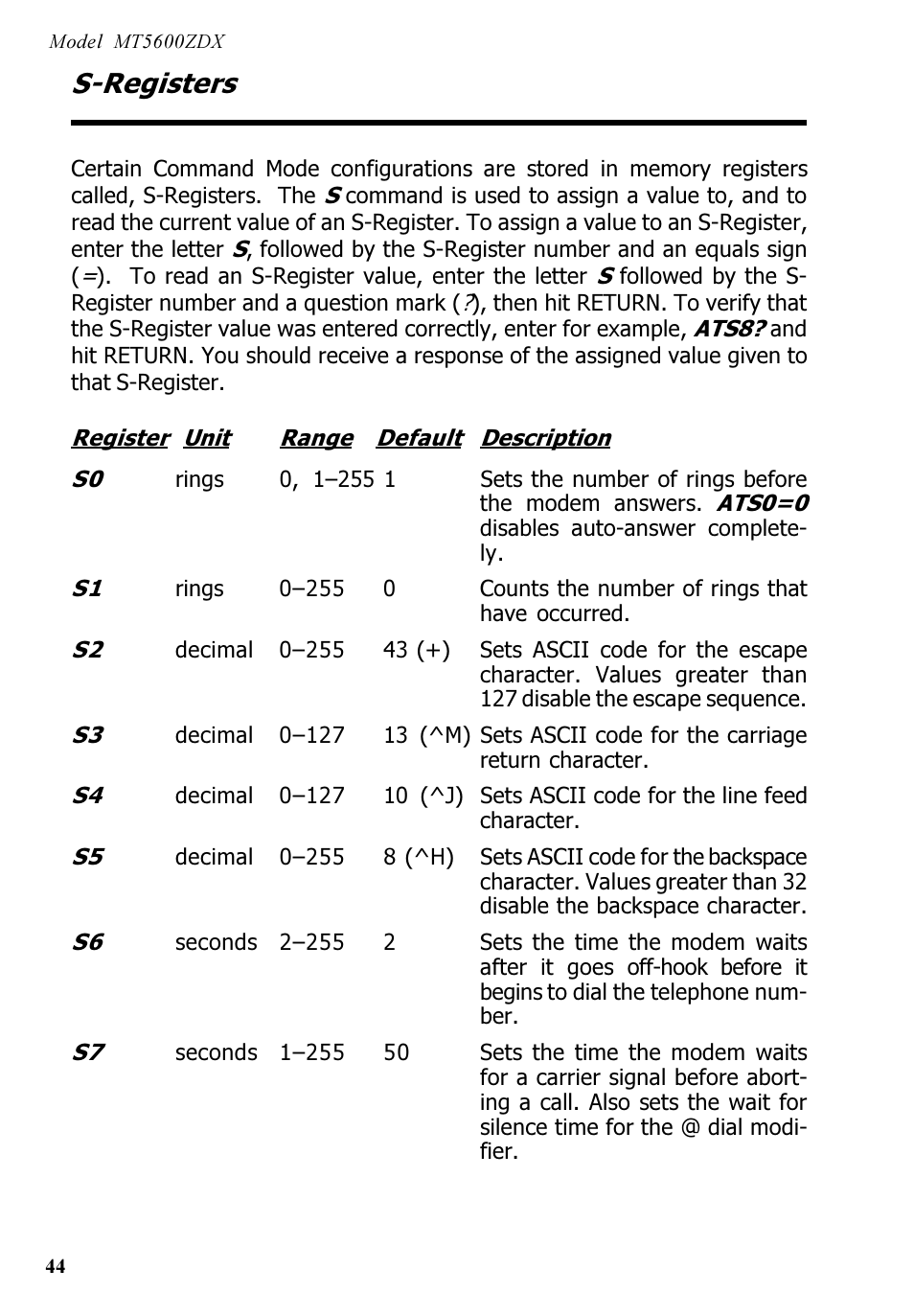 S-registers | Multi-Tech Systems MT5600ZDX User Manual | Page 44 / 84