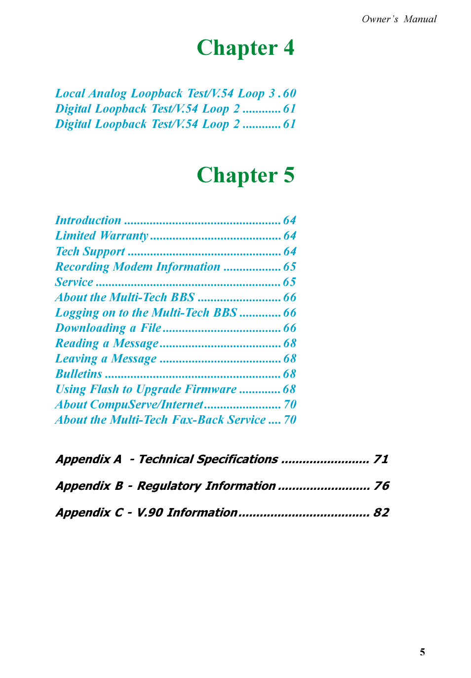 Chapter 4, Chapter 5 | Multi-Tech Systems MT5600ZDX User Manual | Page 5 / 84