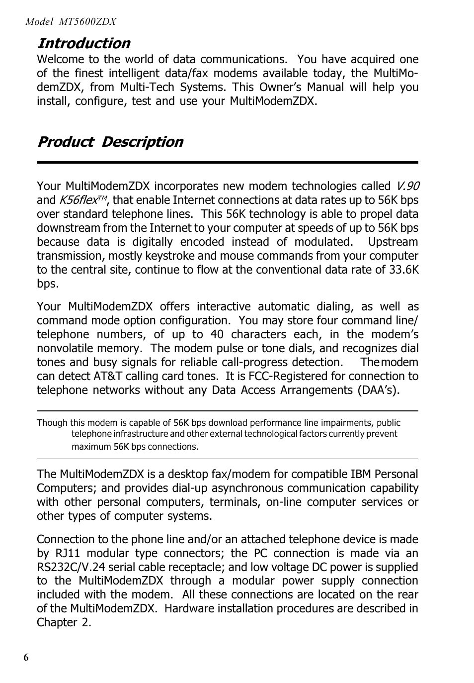 Introduction, Product description | Multi-Tech Systems MT5600ZDX User Manual | Page 6 / 84