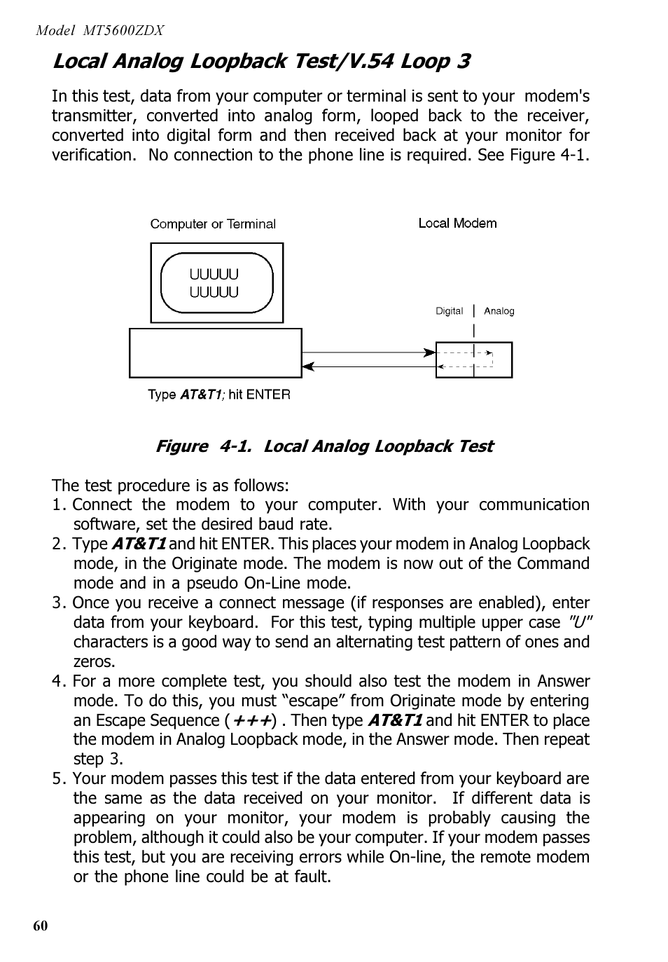 Local analog loopback test/v.54 loop 3 | Multi-Tech Systems MT5600ZDX User Manual | Page 60 / 84
