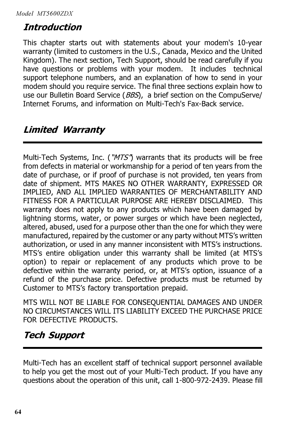 Introduction, Limited warranty, Tech support | Multi-Tech Systems MT5600ZDX User Manual | Page 64 / 84