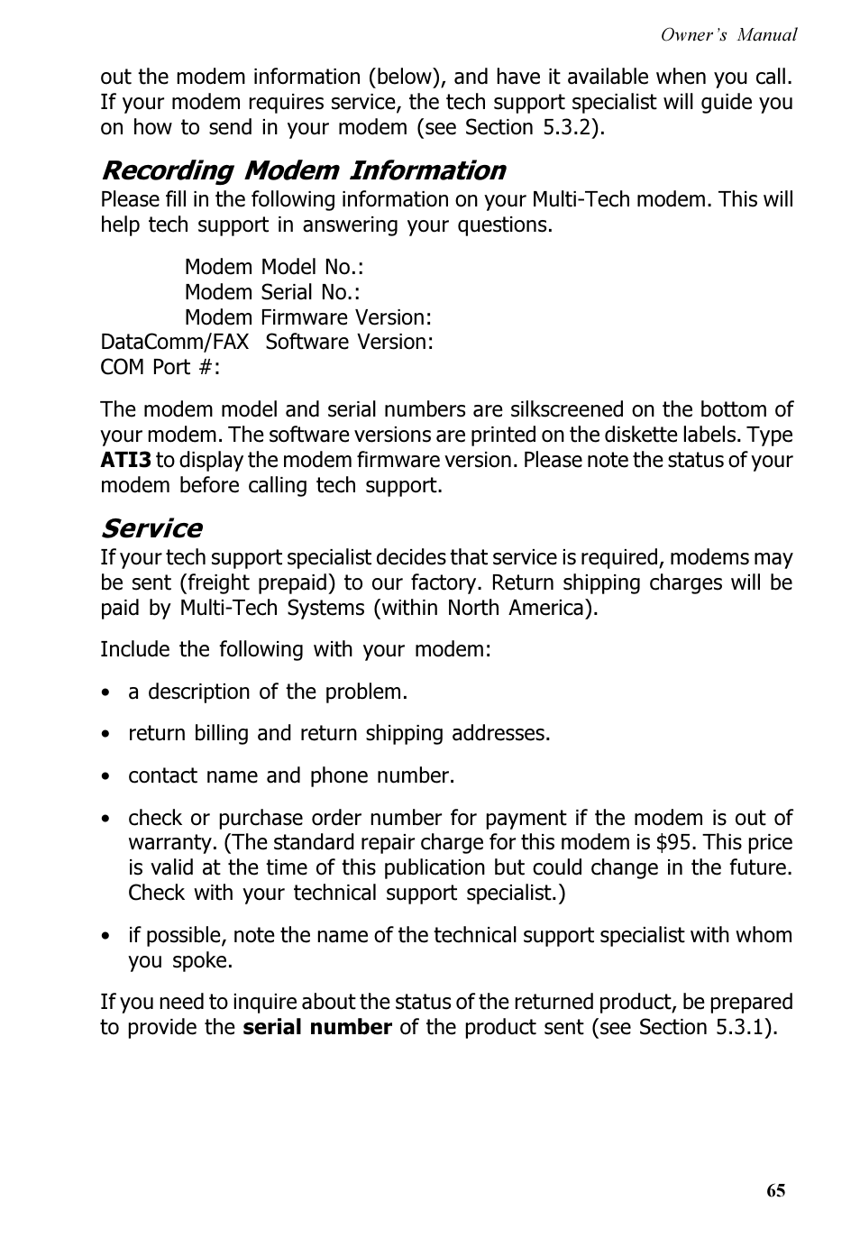 Recording modem information, Service | Multi-Tech Systems MT5600ZDX User Manual | Page 65 / 84
