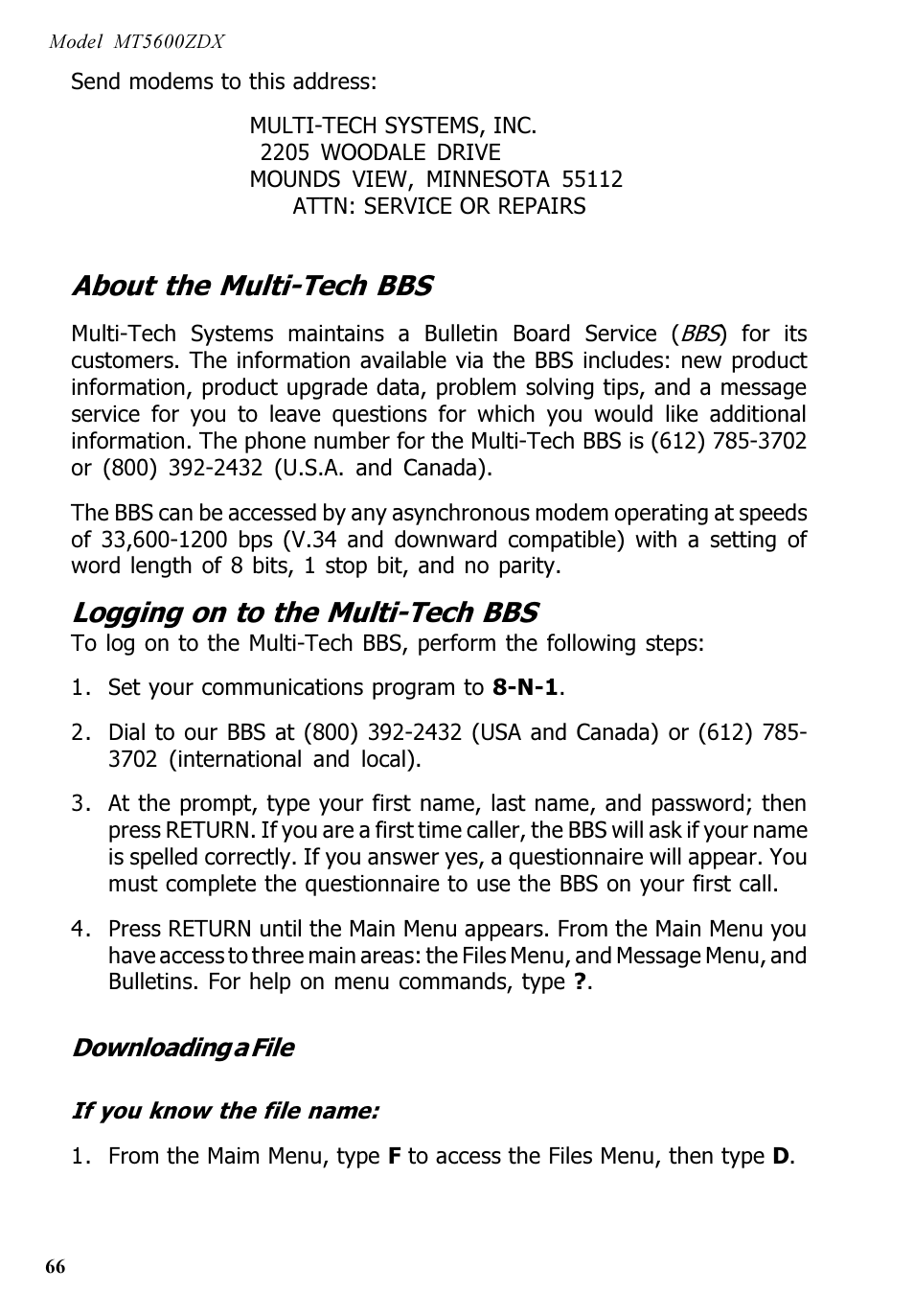 About the multi-tech bbs, Logging on to the multi-tech bbs | Multi-Tech Systems MT5600ZDX User Manual | Page 66 / 84