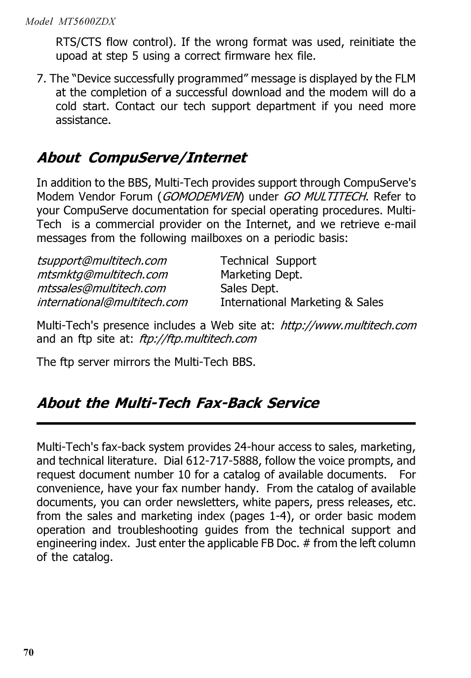 About compuserve/internet, About the multi-tech fax-back service | Multi-Tech Systems MT5600ZDX User Manual | Page 70 / 84